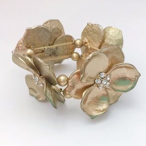 Gold & Rhinestone Metal Flower Statement Bracelet